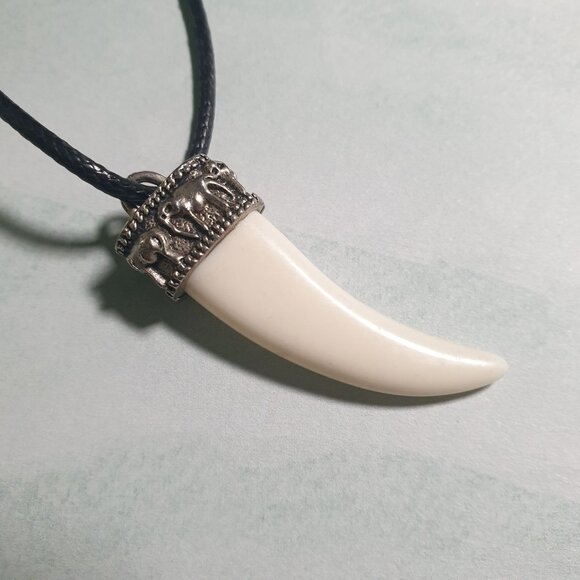 Faux Elephant Tooth Pendant Necklace Black Cord Silver Tone Tribal Accents - Picture 1 of 4